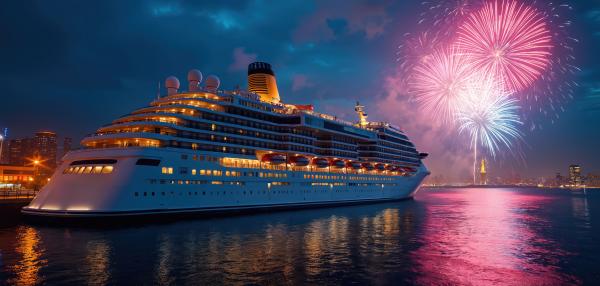 a cruise ship at night with fireworks going off