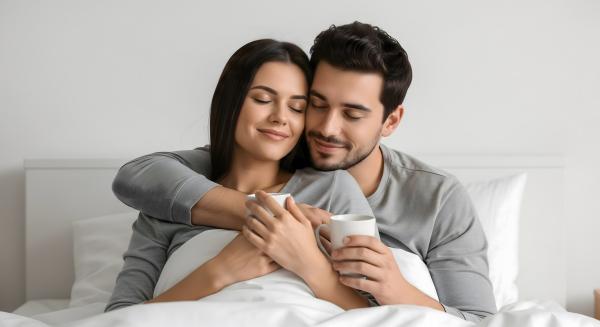 a couple dressed in grey holding coffee in bed while hugging