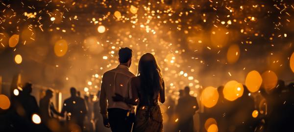 a man and woman walking into a social event
