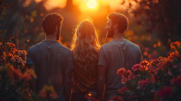 two men and a woman standing together in a garden at sunset with their backs to the camera