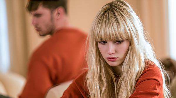 a blonde woman looking deep in thought with her partner behind her 