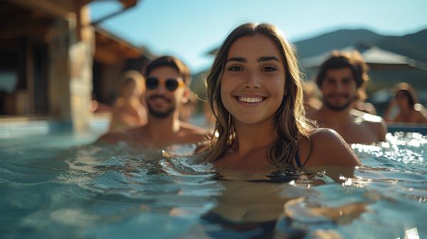 a group of people smiling in a hot tub