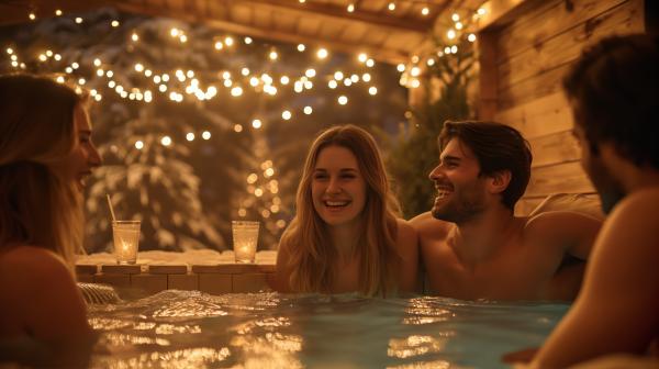 multiple couples laughing in a hot tub with light hanging in the background