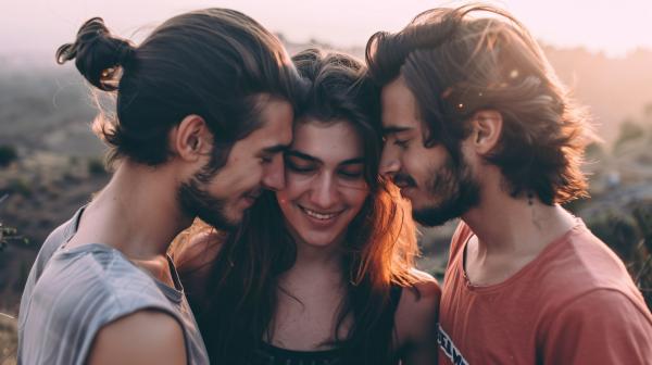 two men and a woman embracing each other lovingly