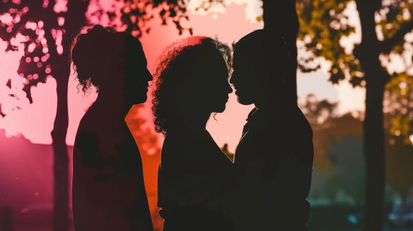 the silhouette of two men and a women standing close together