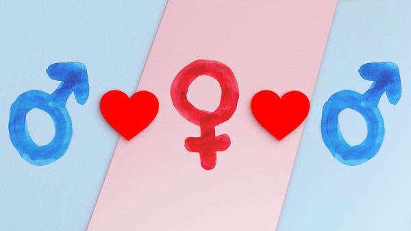 two female symbols with a male symbol in the middle with hearts in between