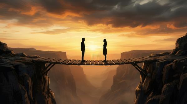 the silhouette of a man and woman facing each other on a bridge