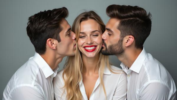 two men kissing each side of a woman's face all dressed in white