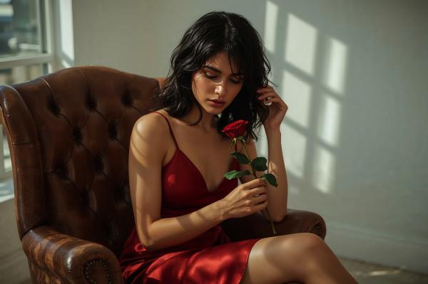brunette woman in a red dress sitting on a chair holding a red rose
