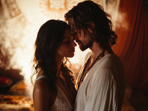 a man and woman with their eyes closed smiling and touching their foreheads together intimately