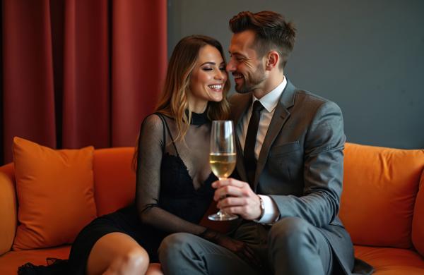 woman wearing a black dress sitting on a couch with a man in a suit holding a glass of champagne
