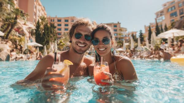 a man and woman wearing sunglasses in a resort's pool smiling and holding drinks